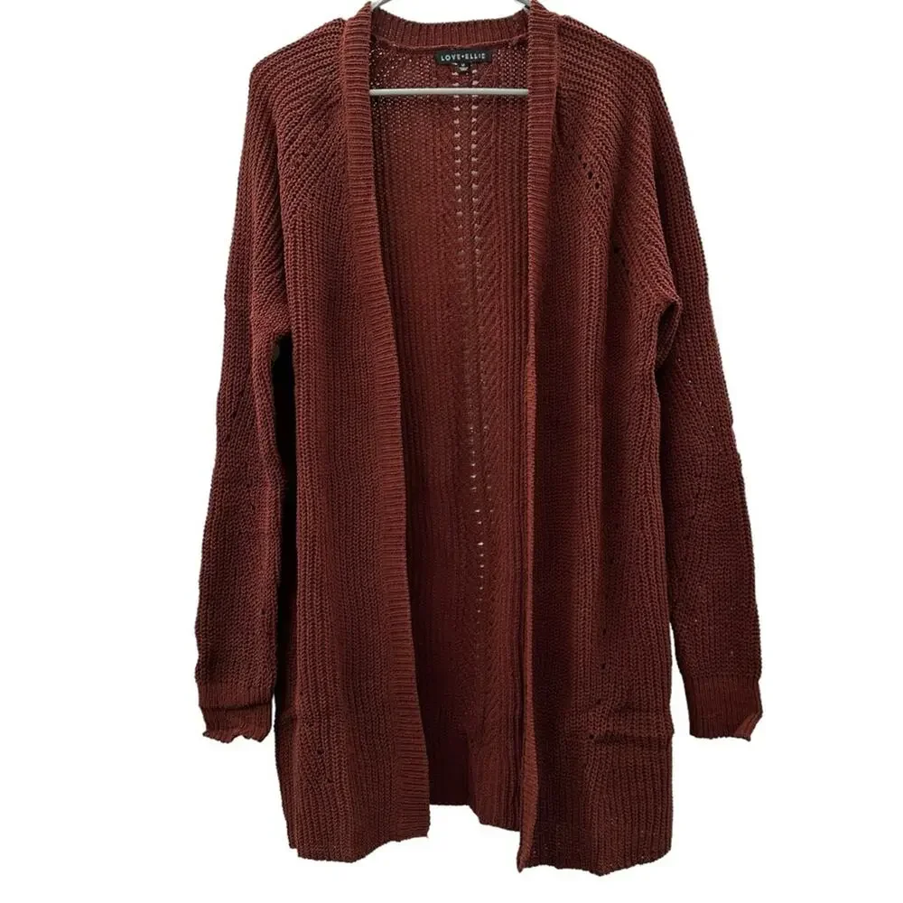 Stitch Fix Love Ellie Anna‎ Pointelle Open Front Rust Knit Cardigan Sz M NEW